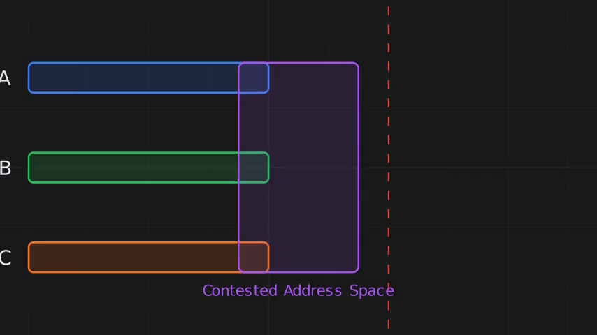 Animated diagram showing three models' memory allocations growing linearly over time, overlapping in shared address space, and triggering a cascade failure when one model's context expansion causes page-table thrashing.