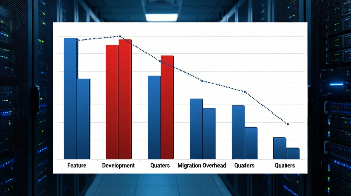 Line chart showing migration overhead costs rising steeply over time while feature development and net productivity decline.